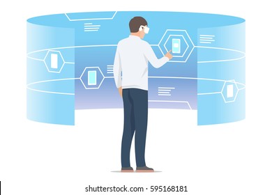 Virtual reality shopping. Man looking at digital interface with gadgets. Isolated vector illustration