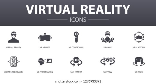 virtual reality simple concept icons set. Contains such icons as VR helmet, Augmented reality, 360° view, VR controller and more, can be used for web, logo, UI/UX