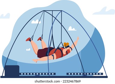 Virtual reality simulation with headset glasses technology, vector illustration. Vr flight with digital cartoon gadget, flat person character