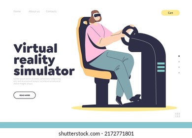 Virtual reality simulator concept of landing page with girl in vr glasses gaming using steering wheel joystick pad. Young woman enjoy 3d headset for video game. Cartoon flat vector illustration