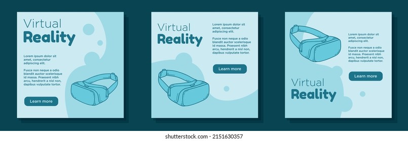 Virtual reality social media post, banner set, VR goggles, headset advertisement concept, mobile virtual gear marketing square ad, abstract print, isolated on background.