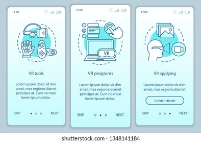 Virtual reality software onboarding mobile app page screen with linear concepts. VR tools, soft, app, devices walkthrough steps graphic instructions. UX, UI, GUI vector template with illustrations