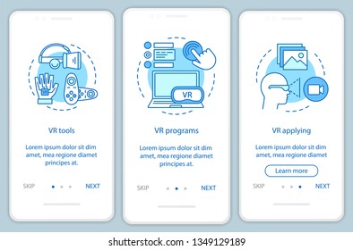 Virtual reality software onboarding mobile app page screen with linear concepts. VR tools, soft, application walkthrough steps graphic instructions. UX, UI, GUI vector template with illustrations