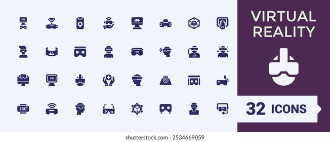 Virtual Reality Solid Icon Set. Verwandt mit 3D-Simulation, virtuellem Eintauchen, immersiver Simulation, VR-Erfahrung und mehr. UI-Symbol im flachen Design. Bearbeitbares, gefülltes Zeichen. Vektorgrafik.