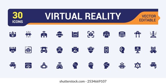 Virtual Reality Solid Icon Set. Verwandt mit 3D-Simulation, virtuellem Eintauchen, immersiver Simulation, VR-Erfahrung und mehr. UI-Symbol im flachen Design. Bearbeitbares, gefülltes Zeichen. Vektorgrafik.