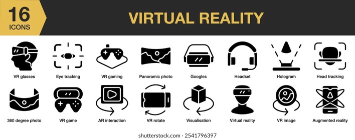 Virtual Reality solid icon set. Includes 360 degree photo, ar interaction, augmented reality, eye tracking, and More. Solid icons vector collection.