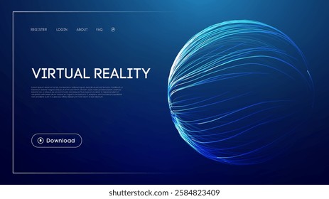 Virtual reality technology with abstract glowing sphere, futuristic blue background, immersive digital experience, 3D simulation concept, and modern UI design for innovation and entertainment