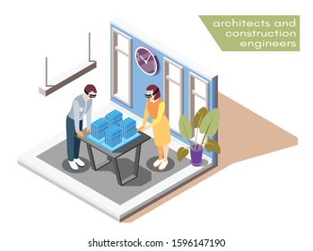 Virtual reality technology in architecture isometric composition with construction engineers in vr glasses visualizing buildings vector illustration 