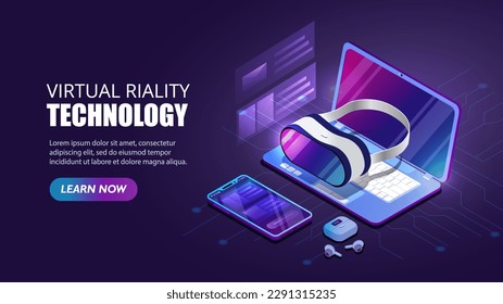 Virtual reality technology banner. VR glasses at laptop. Innovation for games and entertainment. Gadgets and devices. Landing page design. Cartoon isometric vector illustration