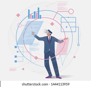 Virtual reality technology. Businessman in VR glasses looking at finance graphic chart. Isometric vector illustration.