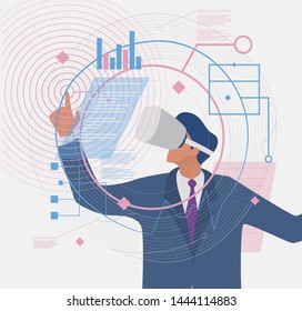 Virtual reality technology. Businessman in VR glasses looking at finance graphic chart. Crop. Isometric vector illustration.