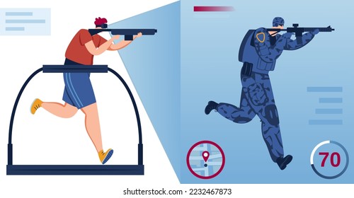 Virtual-Reality-Technologie, Cartoon-Mann am Simulationskopfende, einzeln auf weißer Vektorgrafik. Vr-Spiel mit Waffen, Gewehr