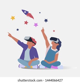 Virtual reality technology. Children in glasses of virtual reality looking in outer space with planets and stars. Isometric vector illustration.