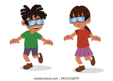 Virtual reality technology. Children in virtual reality glasses playing or playing games. Isometric vector illustration.