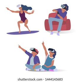 Virtual reality technology. Children in VR headset or VR helmet playing video games. Set of characters full length on white background. Isometric vector illustration.