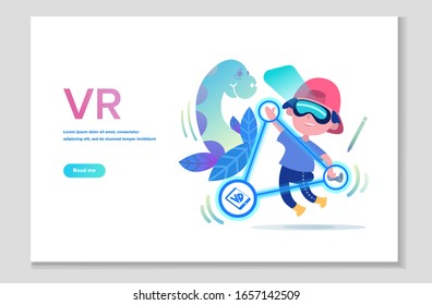 Virtual reality technology. Children in VR headset or VR helmet playing video games. VR glasses technology website page. Vector illustration