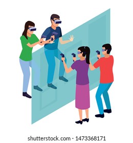 virtual reality technology, friends living a modern digital experience with headset glassesand joysticks cartoon vector illustration graphic design
