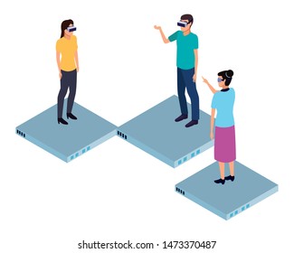 virtual reality technology, friends living a modern digital experience with headset glassestouching air cartoon vector illustration graphic design
