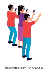 virtual reality technology, friends living a modern digital experience with headset glassesand joysticks cartoon vector illustration graphic design