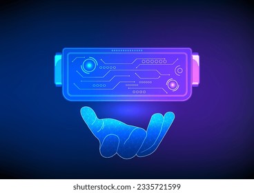 Virtual Reality Technology Hand holding a VR headset represents man made innovations in business and entertainment. It is a technology that allows you to enter the virtual world.
