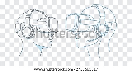 Virtual reality technology illustration two heads wearing VR headset headphones facing each other