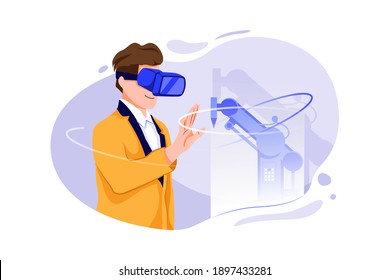 Virtual reality technology in industry 4.0. Business man suit wearing VR glasses to see AR service. Flat illustration isolated on white background.