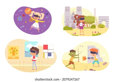 Virtual Reality Technology And Kids In Vr 3d Glasses Vector Illustration Set. Cartoon Boy Girl Child Gamer Characters Play Game Online, Science Education Entertainment For Children Isolated On White