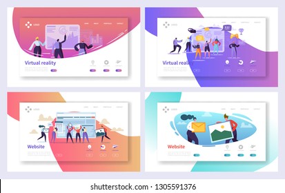 Virtual Reality Technology Landing Page Set. Augment Visual Game for Future Excited User Character. Fiction Cyberspace Experience Website or Web Page. Flat Cartoon Vector Illustration