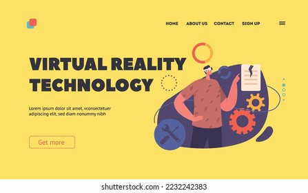 Virtual Reality Technology Landing Page Template. Financial Data Management in Cyberspace, Analytics And Data Science, Character Work with Artificial Interface. Cartoon People Vector Illustration