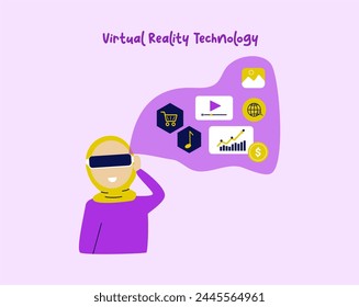Virtual Reality technology, learning, shopping and gaming. People collection of scenes in flat design. Cyberspace vector illustration for blogging, website, mobile app, promotional materials.
