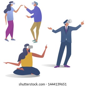 Virtual reality technology. People in VR headset or VR helmet. Set of characters full length on white background. Isometric vector illustration.
