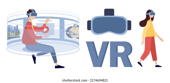 Virtual reality technology set. People wearing virtual reality goggles. Into VR world. Cyber world future. Vector flat illustration 
