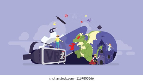Virtual Reality Technology Smart Gaming Tiny People Character Concept Vector Illustration, Suitable For Wallpaper, Banner, Background, Card, Book Illustration, And Web Landing Page