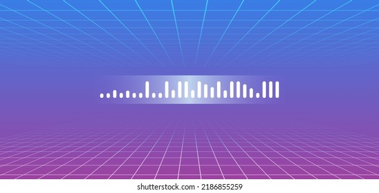 Virtual reality technology and sound wave on blue purple futuristic background flat vector illustration.