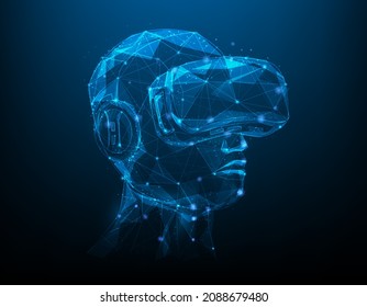 virtual reality technology. vr headset and controllers gaming. consisting of points, lines, and triangle. isolated on blue dark background. vector illustration futuristic digital style.