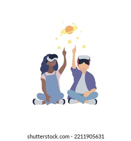 Virtual Reality Technology, VR. Kids Are In A Virtual Reality Headset Looking Up At Space With Saturn And Stars. Flat Vector Illustration.