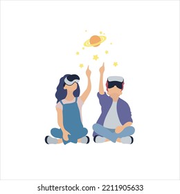 Virtual Reality Technology, VR. Kids Are In A Virtual Reality Headset Looking Up At Space With Saturn And Stars. Flat Vector Illustration.