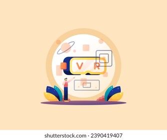 Virtual Reality Technology or VR. Technology that is able to make users interact with cyberspace. hologram, future, three-dimensional. Cartoon or flat illustration concept design. vector elements