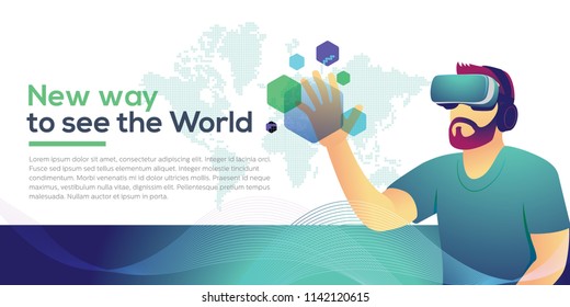 Virtual reality technology website background template, Man wearing VR goggle
