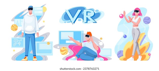 Virtual reality technology for work, communication and study set vector illustration. Cartoon isolated VR text label, male and female characters with VR glasses working, studying with visual hologram