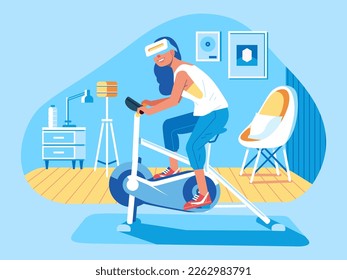 Virtual reality technology workout and fitness concept vector illustration Woman in VR Headset riding static bike at living room