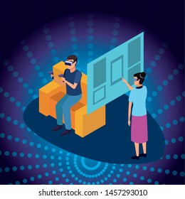 virtual reality technology, young couple living a modern digital experience with headset glassesand joysticks cartoon on blue digital background ,vector illustration.