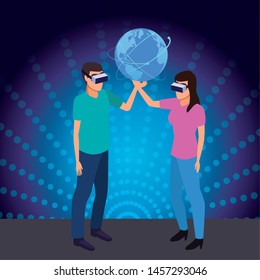 virtual reality technology, young couple living a modern digital experience with headset glassestouching world map cartoon on blue digital background ,vector illustration.