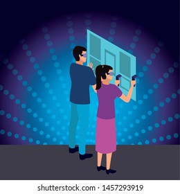 virtual reality technology, young couple living a modern digital experience with headset glassesand joysticks cartoon on blue digital background ,vector illustration.