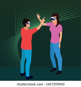 virtual reality technology, young couple living a modern digital experience with headset glassestouching air cartoon on green digital background ,vector illustration.