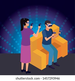 virtual reality technology, young couple living a modern digital experience with headset glassesand joysticks cartoon on blue digital background ,vector illustration.