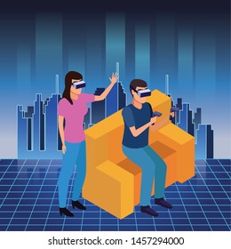 virtual reality technology, young couple living a modern digital experience with headset glassesand joysticks cartoon ,vector illustration.
