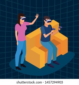 virtual reality technology, young couple living a modern digital experience with headset glassesand joysticks cartoon on blue digital background ,vector illustration.