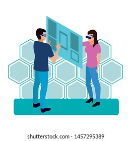 virtual reality technology, young couple living a modern digital experience with headset glassestouching screen cartoon on blue hologram background ,vector illustration.