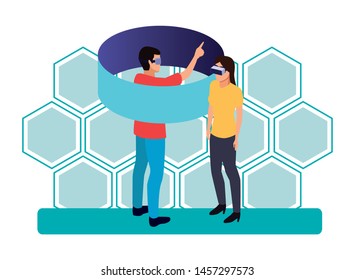 virtual reality technology, young couple living a modern digital experience with headset glassestouching screen cartoon on blue hologram background ,vector illustration.